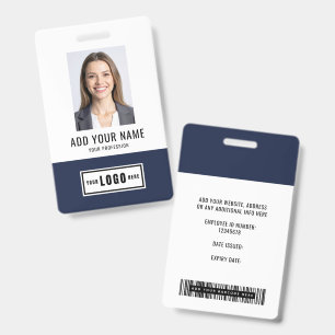 Blue Modern Monogram Logo Employee Photo Barcode ID Badge