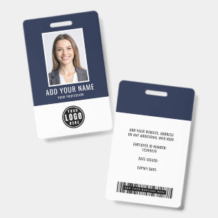 Blue Modern Monogram Logo Employee Photo Barcode ID Badge