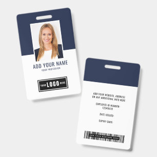 Blue Modern Monogram Logo Employee Photo Barcode ID Badge