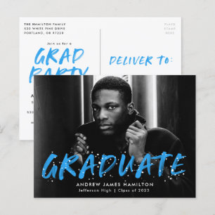 Blue Modern Paint Splatter Photo Graduation Party Invitation Postcard
