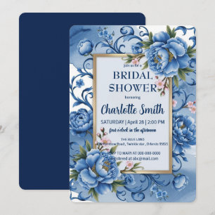 Blue Modern Peony antique bridal shower Invitation