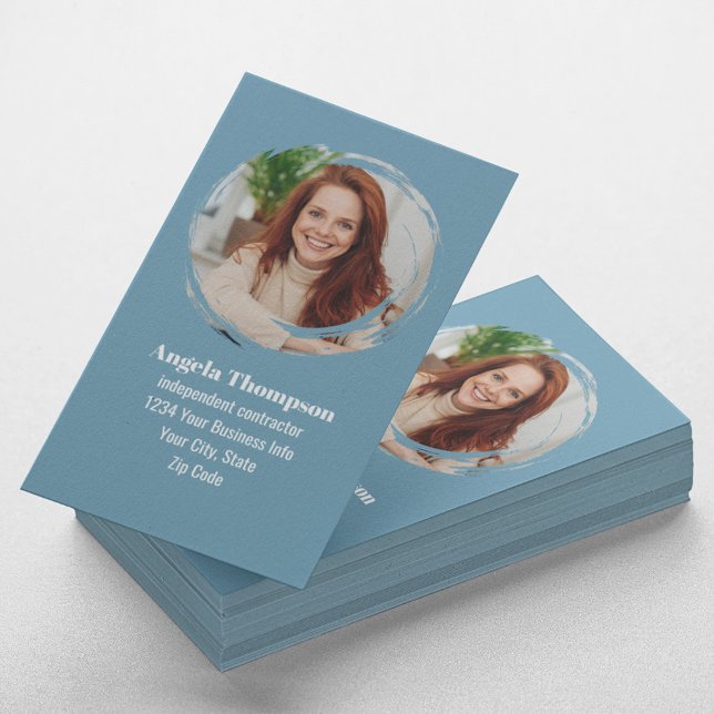 Blue Modern Photo QR Code Custom Business Card (Modern blue photo business card template. )