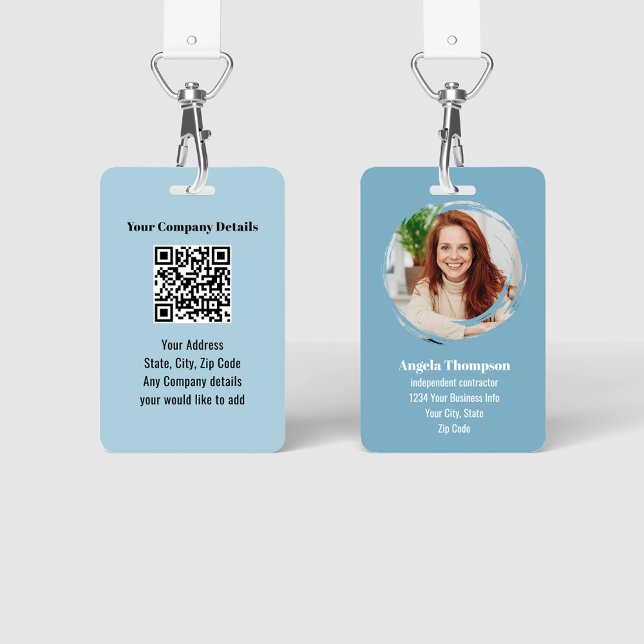Blue Modern Photo QR Code Employee ID Badge (Blue photo business ID Badge.)
