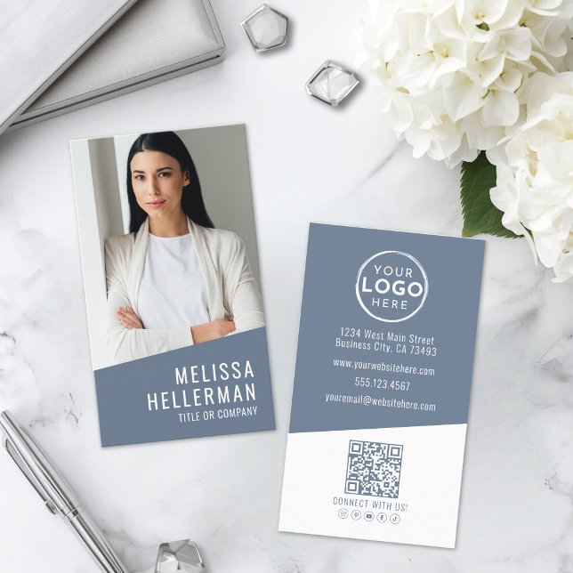 Blue Modern Photo QR Code Logo Vertical Business Card (Blue Modern Photo QR Code Logo Vertical Business Card)