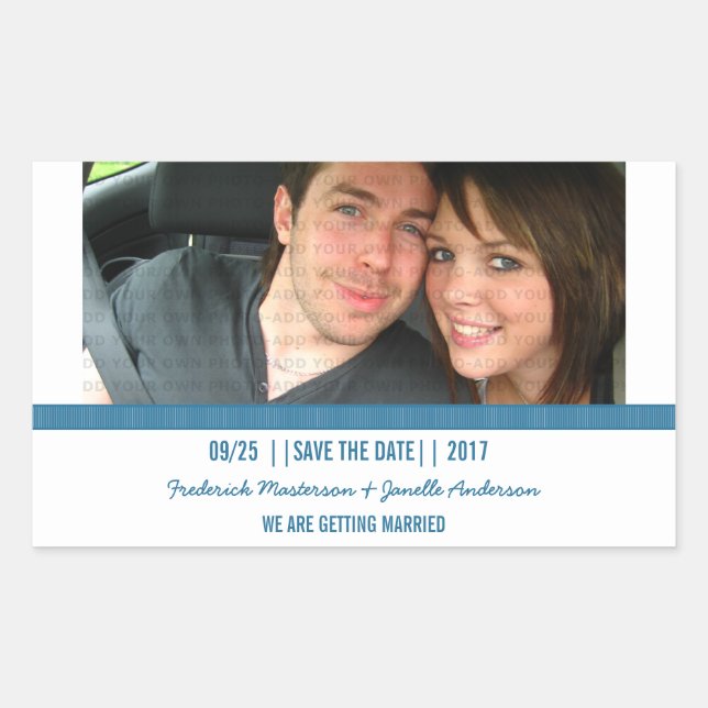 Blue Modern Photo Save the Date Stickers (Front)