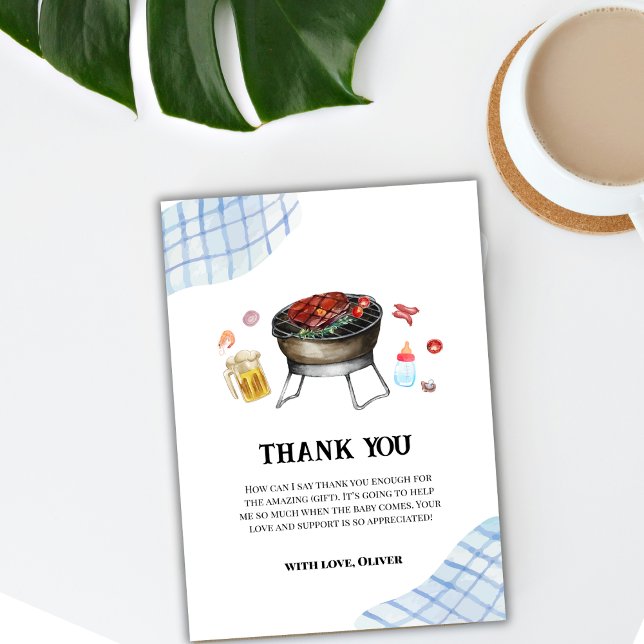 Blue Modern Plaid Retro Country Baby Q Baby Shower Thank You Card (Blue Modern Plaid Retro Country Baby Q Baby Shower Thank You Card)