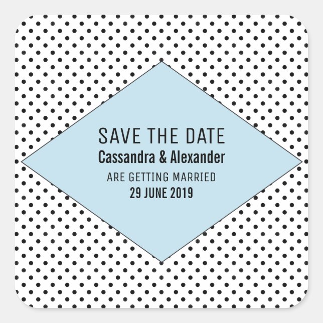 Blue Modern Polka Dots Save the Date Square Sticker (Front)