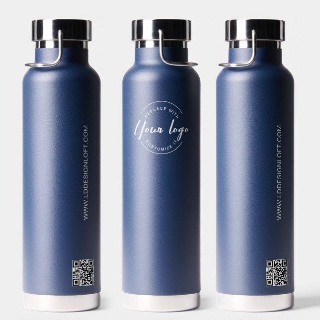 Blue Modern Promo Custom Logo website QR code Water Bottle (Navy blue water bottle minimalist, custom logo, QR code and website.)
