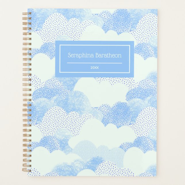 Blue Modern Rain Clouds Personalised Name Planner (Front)