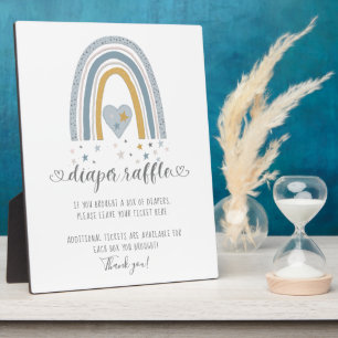 Blue Modern Rainbow Heart Stars Diaper Raffle Sign Plaque