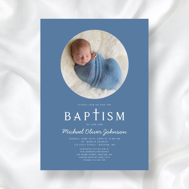 Blue Modern Religious Cross Photo Boy Baptism Invitation (Blue Modern Religious Cross Photo Boy Baptism Invitation)