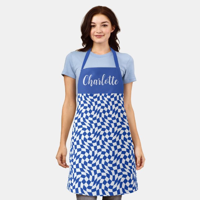 Blue modern retro swirl checkered custom name apron (Worn)