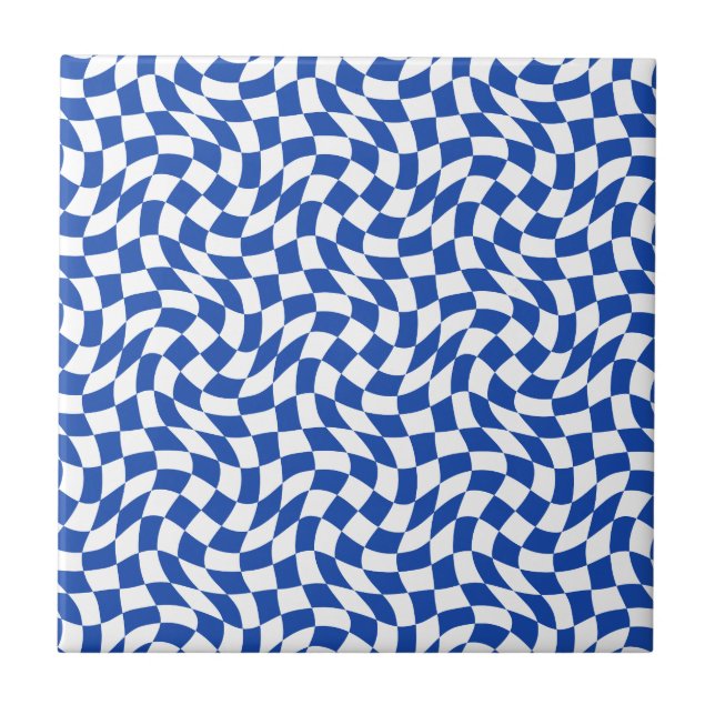 Blue modern retro swirl chequered ceramic tile (Front)
