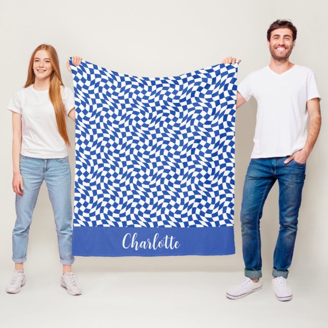 Blue modern retro swirl chequered custom name fleece blanket (In Situ)