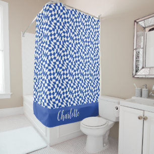Blue modern retro swirl chequered custom name shower curtain