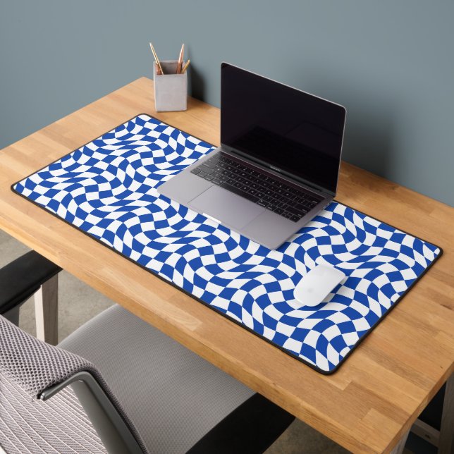 Blue modern retro swirl chequered desk mat (Office 2)