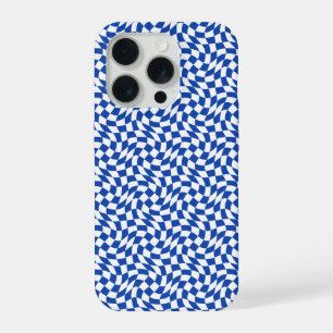 Blue modern retro swirl chequered iPhone 15 pro case