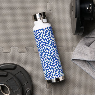 Blue modern retro swirl chequered water bottle