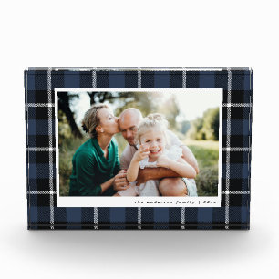 Blue modern rustic tartan check family photo block