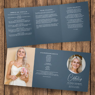 Blue Modern Script Funeral/Memorial Service Tri-Fold Programme