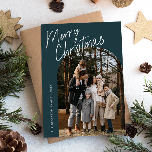Blue Modern Script Merry Christmas Arch 2 Photo Holiday Card
