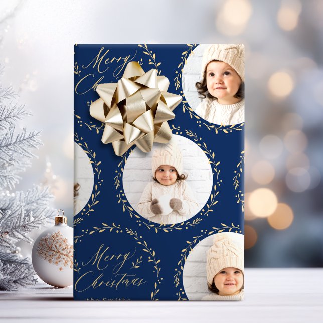 Blue Modern Script Merry Christmas Family 6 photo Wrapping Paper (Blue Modern Script Merry Christmas Family 6 photo Wrapping Paper)