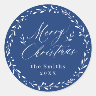 Blue Modern script Merry Christmas Holiday Gift Classic Round Sticker