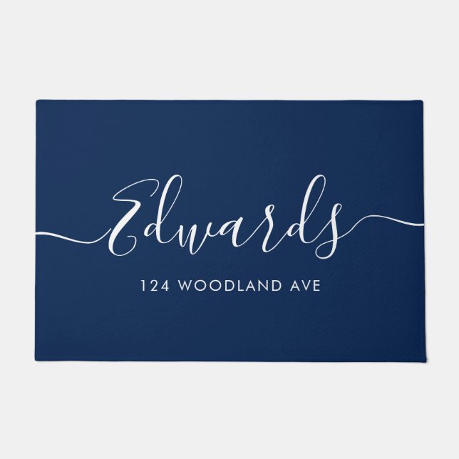 Blue Modern Script Personalised Doormat (Front)