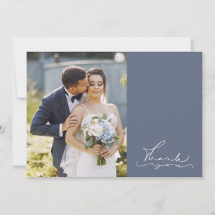 Blue Modern Script Photo Wedding Thank You Card