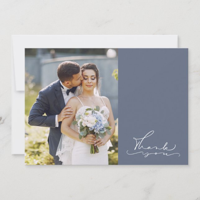 Blue Modern Script Photo Wedding Thank You Card (Front)