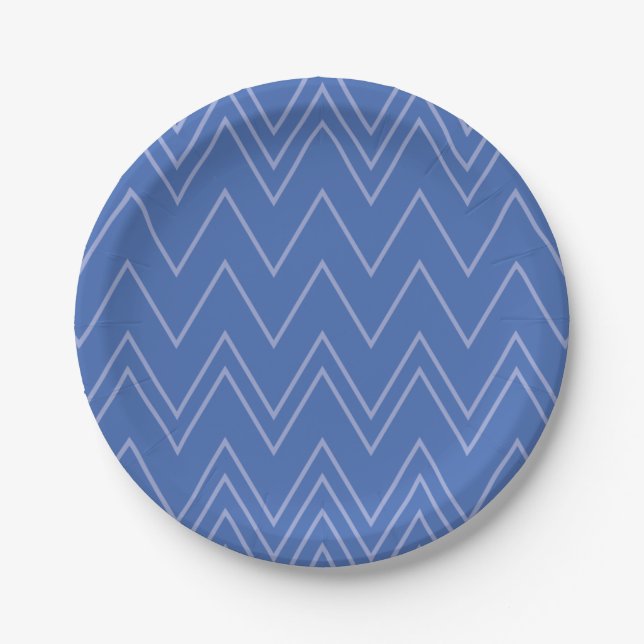 Blue, modern, simple, cool, trendy zigzag pattern paper plate (Front)