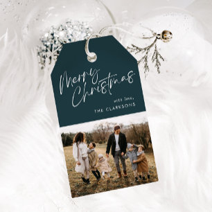 Blue Modern Simple Script Photo Merry Christmas  Gift Tags