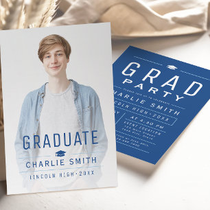 Blue Modern Simple Typography Photo Graduation Invitation