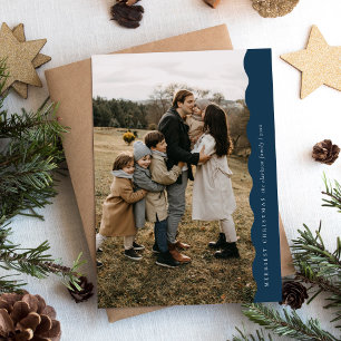 Blue Modern Simple Wavy Two Photo Christmas  Holiday Card