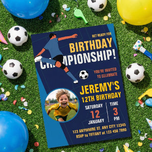 Blue Modern Soccer Kids Birthday Championship Invitation