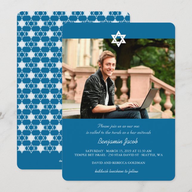 Blue Modern Stars Of David Bar Mitzvah Photo Invitation (Front/Back)