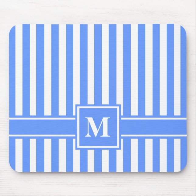 Blue Modern Stripe with Monogram Mouse Pad (Front)