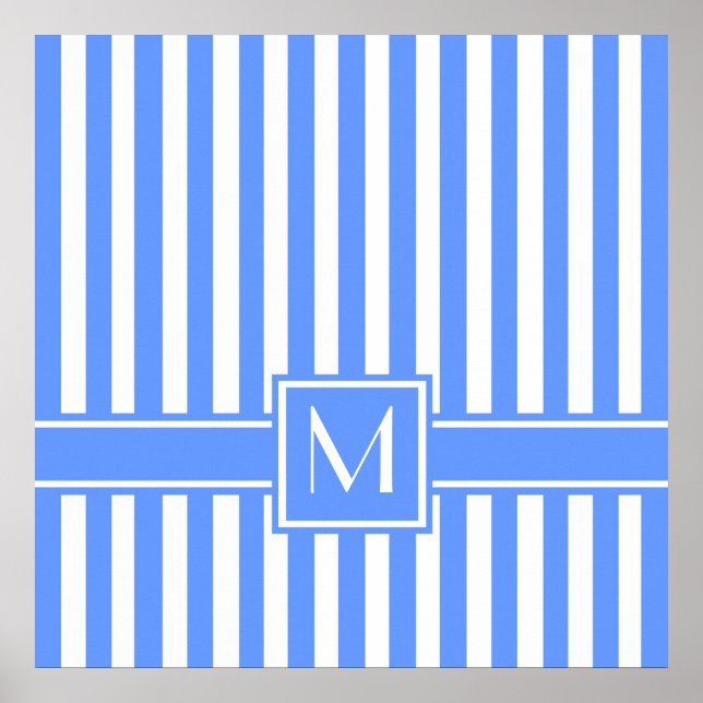 Blue Modern Stripe with Monogram Poster (Front)