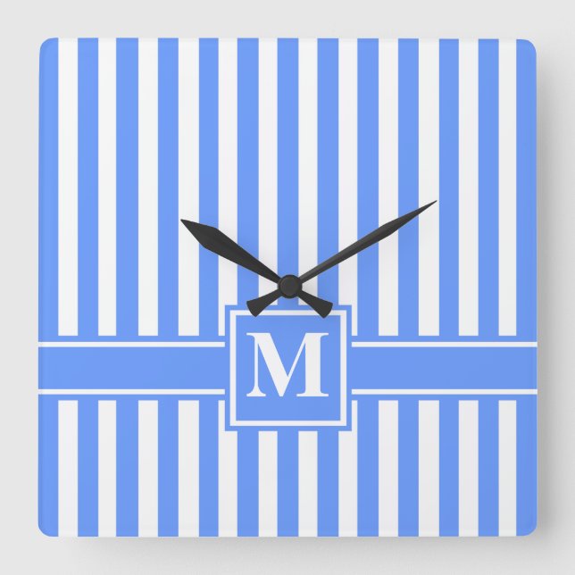 Blue Modern Stripe with Monogram Square Wall Clock (Front)