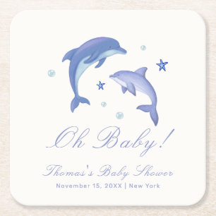 Blue Modern Summer Dolphin Stars Baby Shower Square Paper Coaster
