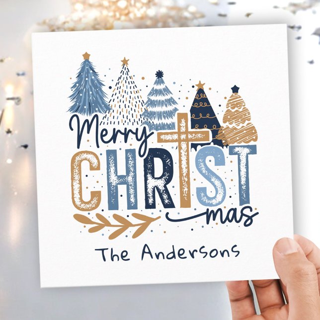 Blue Modern Trees Christ Merry Christmas Name Holiday Card (Blue Modern Trees Christ Merry Christmas Name Holiday Card)