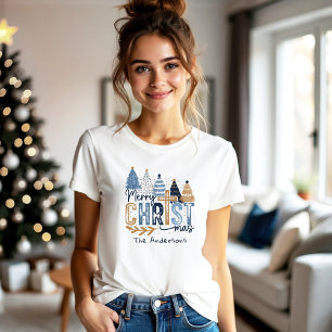 Blue Modern Trees Christian Jesus Christmas Name T-Shirt