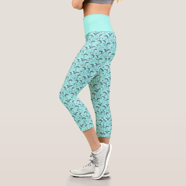 Blue Modern Tropical Flamingo Pattern Capri Leggings (Left)