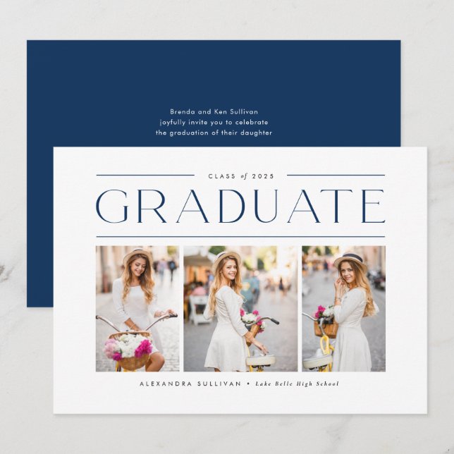 Blue Modern Typography Photo Collage Graduation Invitation (Front/Back)