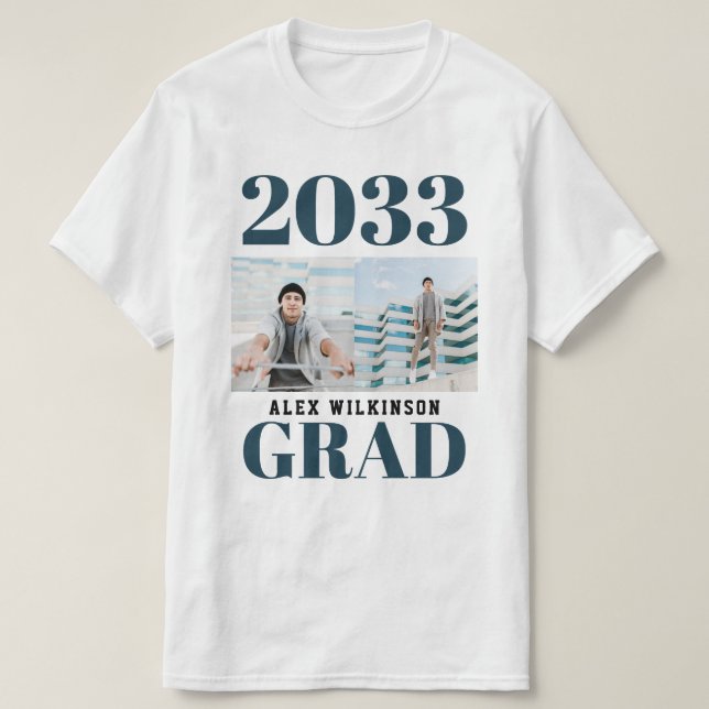 Blue Modern Typography Simple 2 Photo Graduation T-Shirt (Design Front)