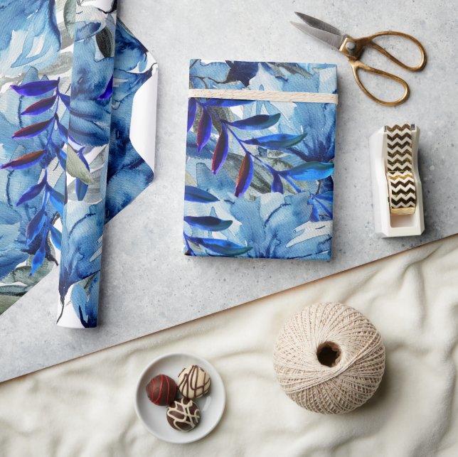 Blue Modern Watercolor Abstract Flowers Art Wrapping Paper (Crafts)