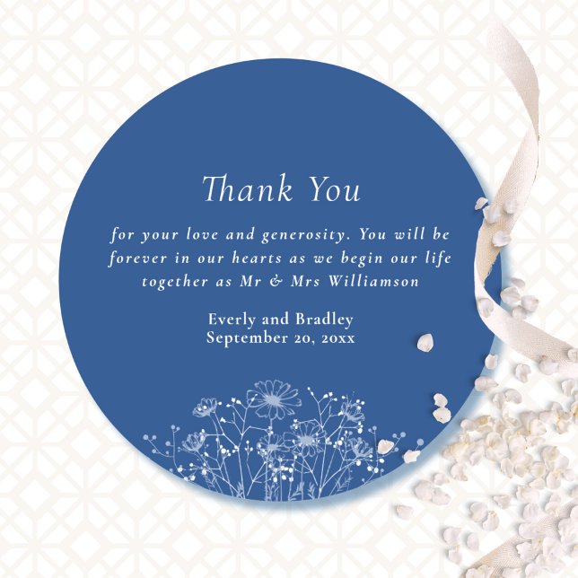Blue Modern White Wildflower Wedding Thank You   Classic Round Sticker (Creator Uploaded)