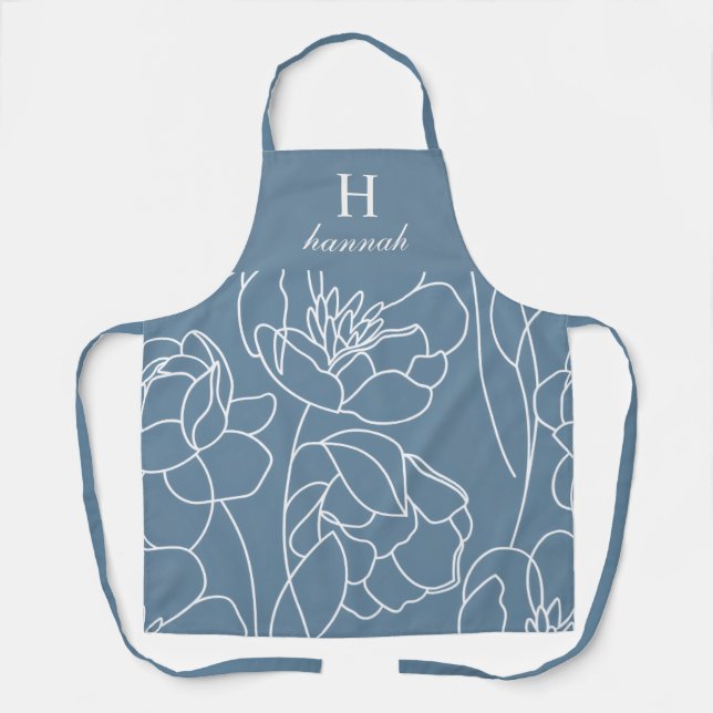 Blue Modern Wildflower Custom Monogram Name Apron (Front)