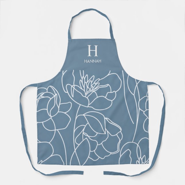 Blue Modern Wildflower Custom Monogram Name Apron (Front)