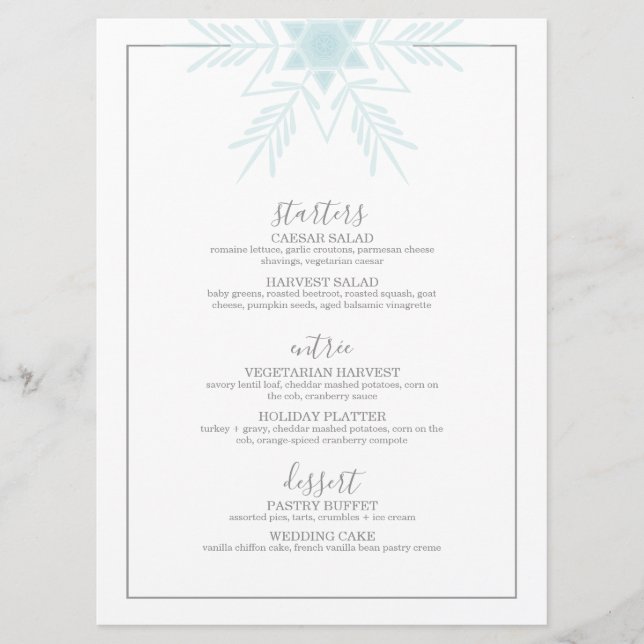 blue modern WINTER WONDERLAND wedding Menu (Front)